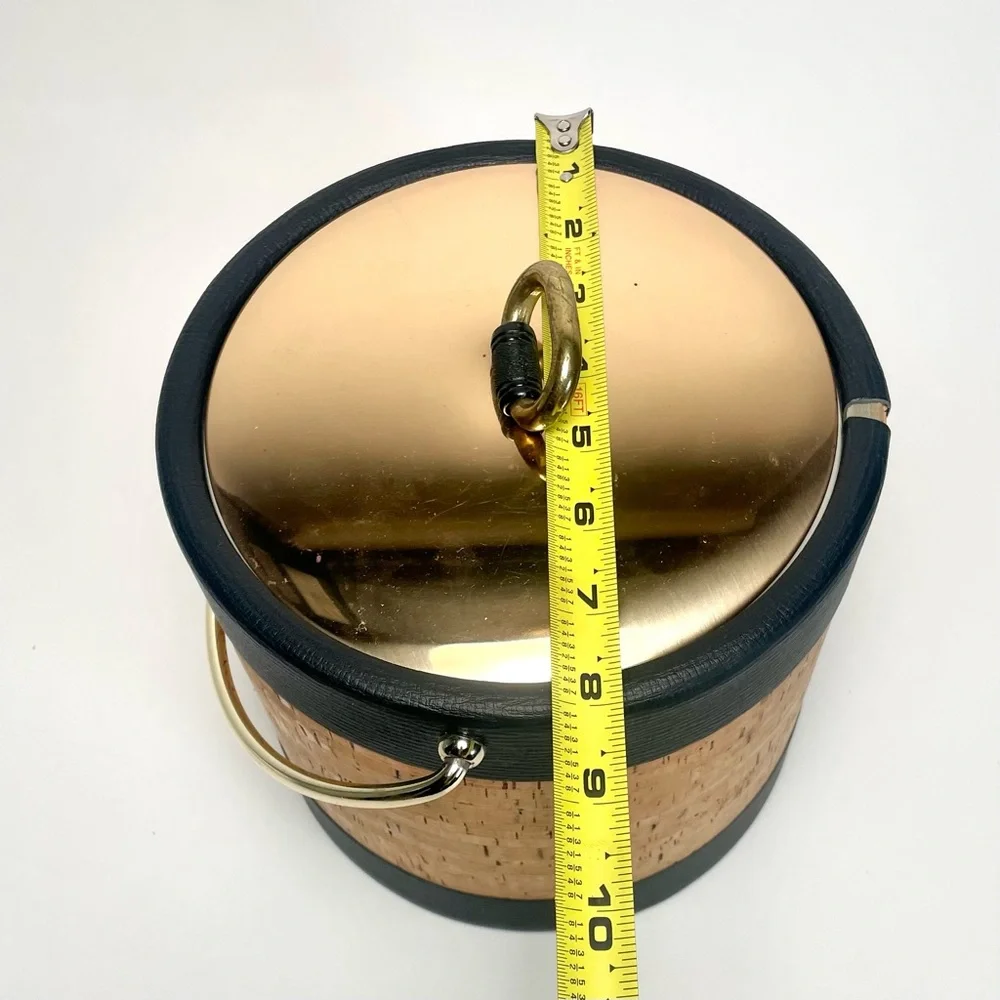 Vintage Kraftware Cork, Faux Black Leather & Gold Ice Bucket 8” With Box MCM